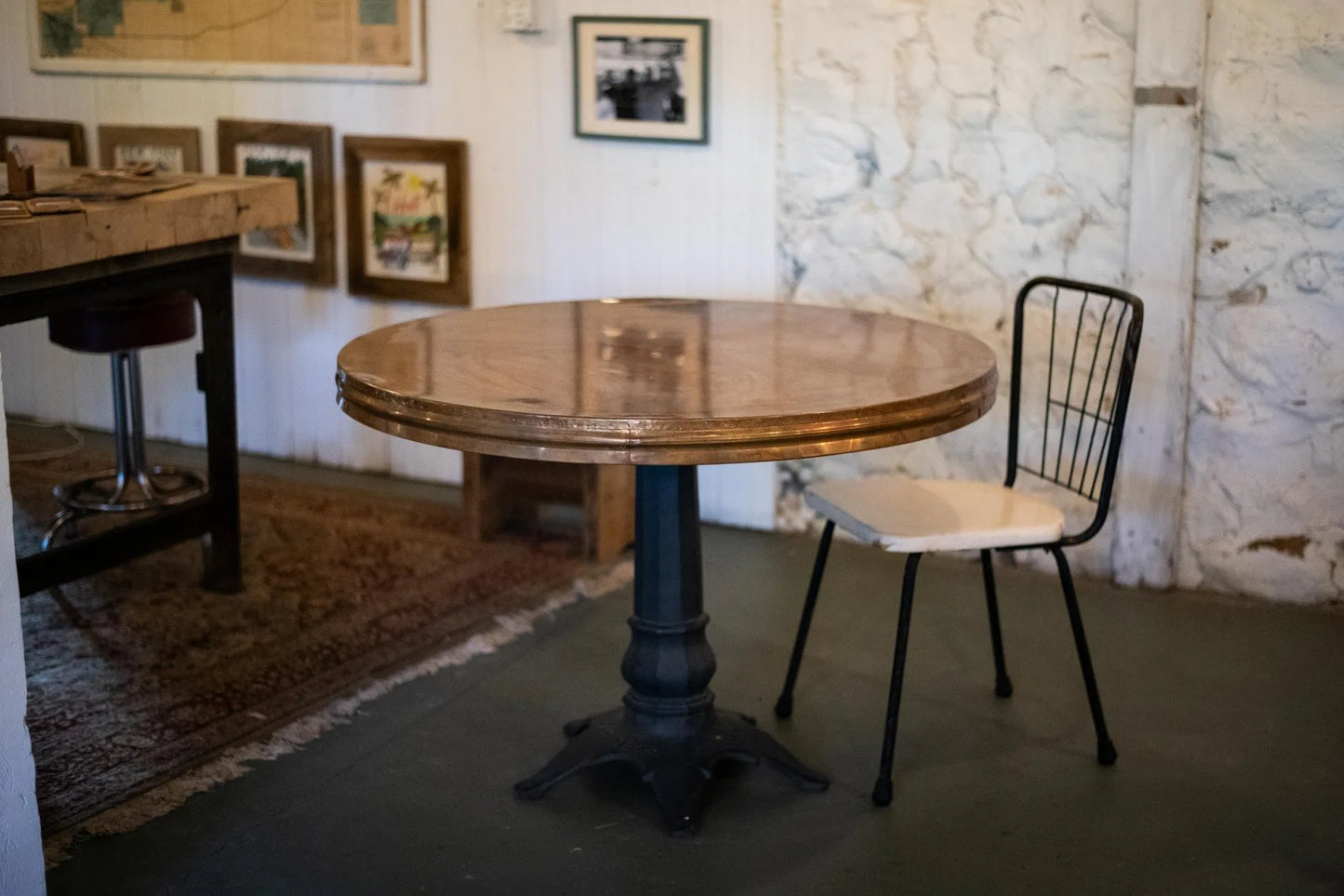 Copper Round Table with Salvaged Cast Iron Base